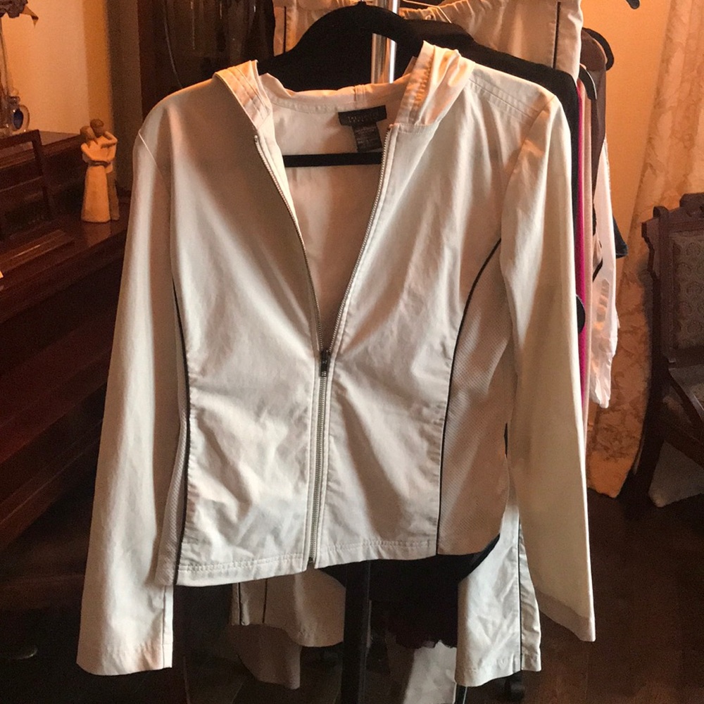 Ladies Track Suit - beige and black piping detail.